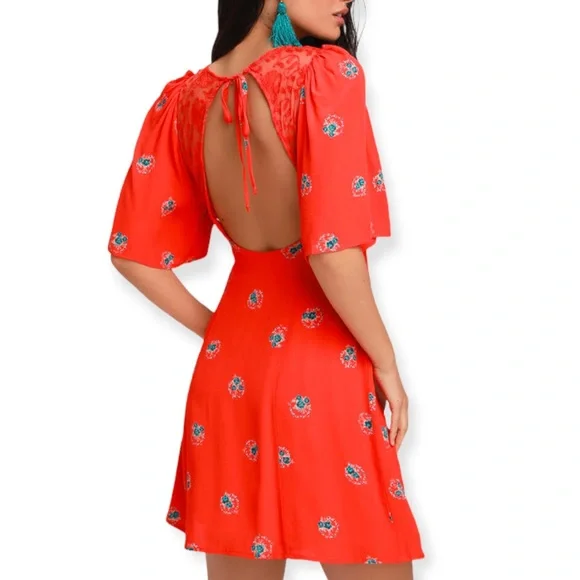 Free People Mockingbird Coral Floral Print Backless Mini Dress - Picture 3 of 5